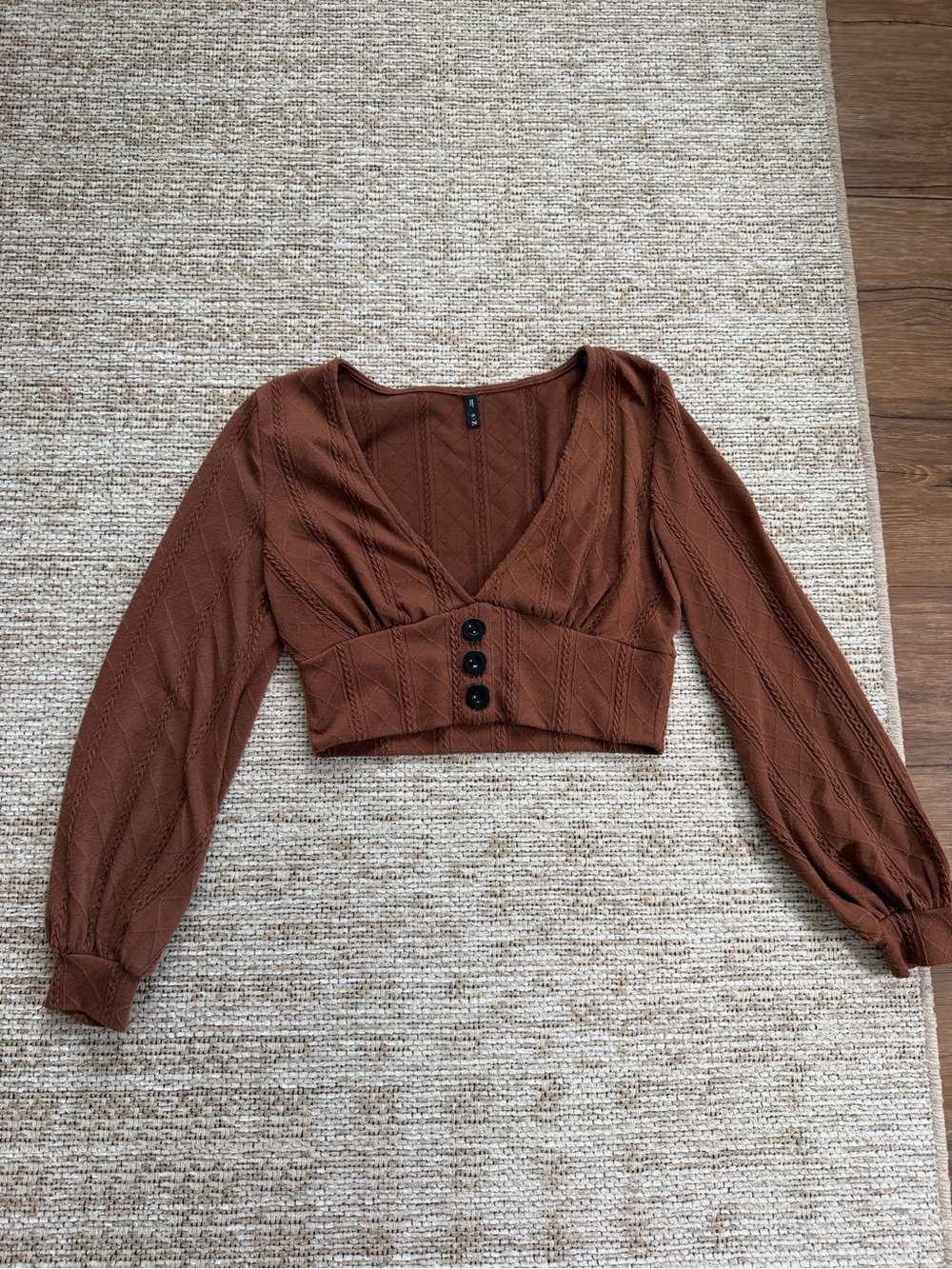 Commense Cropped V-Neck Button Front Top in Rust Brown